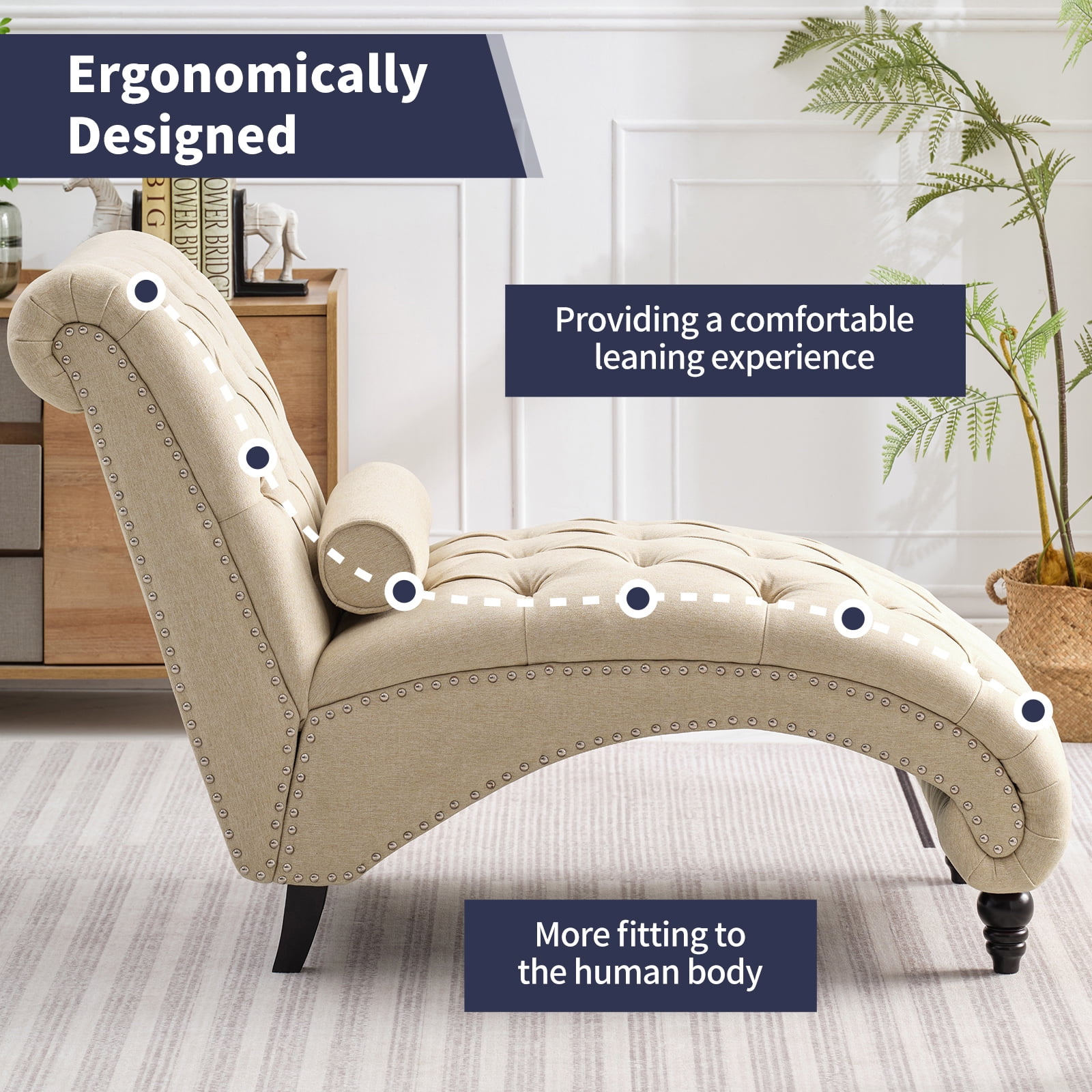 ZAFLY Chaise Lounge Indoor, Lounge Chair with Wood Legs, Leisure Accent Chair, Upholstered Lounge Couch for Bedrooom/Living Room, Beige