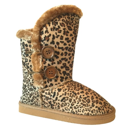 - New Girl's Warm Tall Mid Calf 3 Buttons Faux Sheepskin Fur Kids Shoes Boots (8909-Leopard-11 Little Kid)