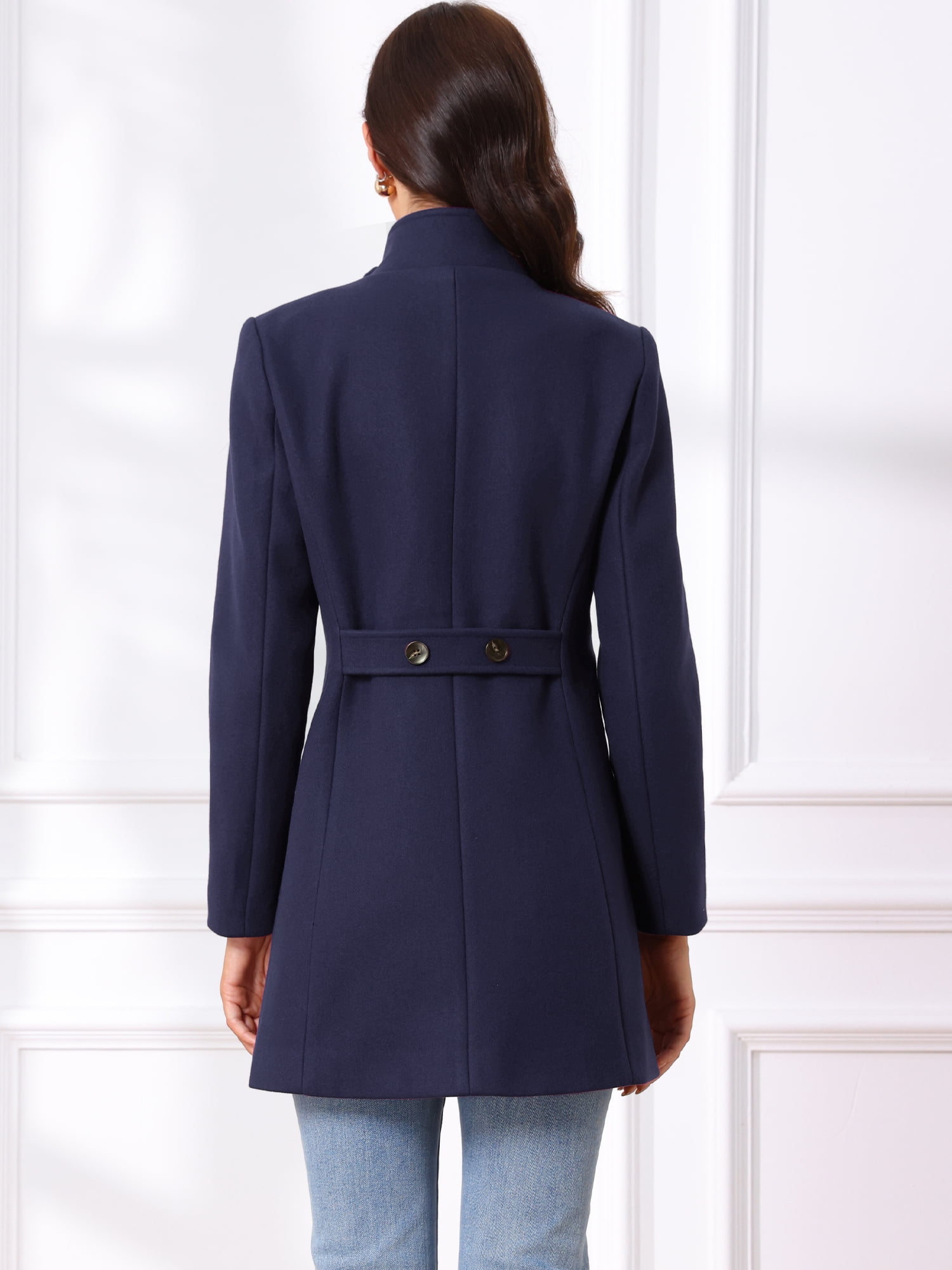 DARING DIVA Women's Winter Trench Stand Collar Pea Double Breasted Overcoat L Dark Blue