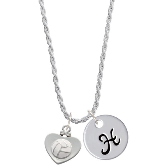 Delight Jewelry Silvertone Volleyball in Heart Silvertone Script Initial Disc - H - Charm Necklace, 20"+3"