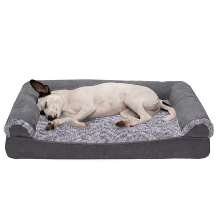 UPC: 0842229124286 | FurHaven Pet Products Two-Tone Faux Fur & Suede Cooling Gel Memory Foam Sofa-Style Pet Bed for Dogs & Cats – Stone Gray Medium