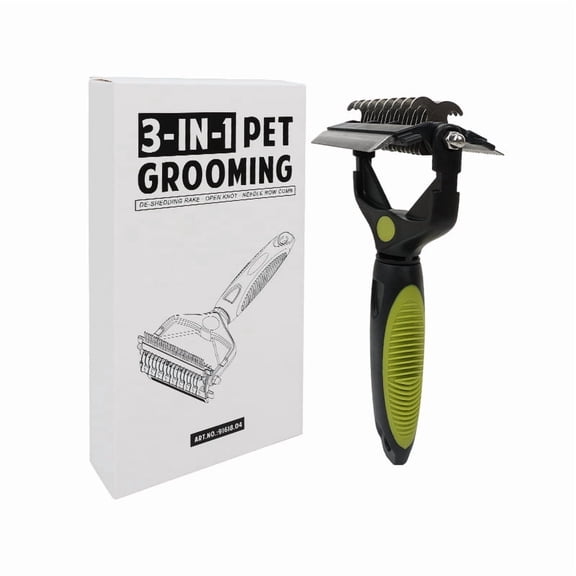 3-IN-1 Pet Grooming Rake, Dematting Comb & Deshedding Brush for Cats & Dogs - Removes Mats, Tangles & Loose Fur, Reduces Shedding & Prevents Hair Mess-Green
