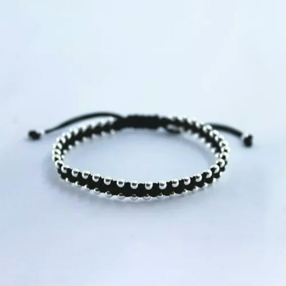 K-KED Pure S990 Sterling Silver Beads Black String Thread Braided Woven Rope Bracelet