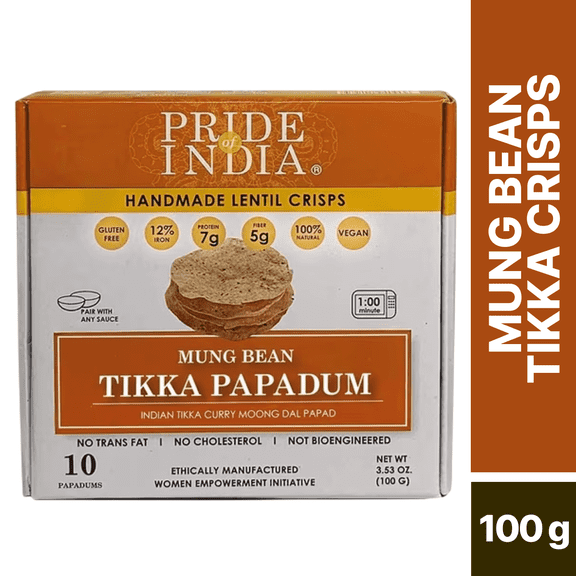 Pride Of India - Tikka Curry Mung Bean (Moong Dal) Papadum Lentil Crisp, 10 count (3.53Oz - 100gm) - Instant Microwaveable Vegan Healthy Crackers | Tastes like Indian Curry Sauce