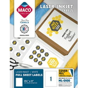 MACO Laser/Ink Jet White Full Sheet Labels, 8-1/2 x 11 Inches, 1 Per Sheet, 100 Per Box (ML-0100)