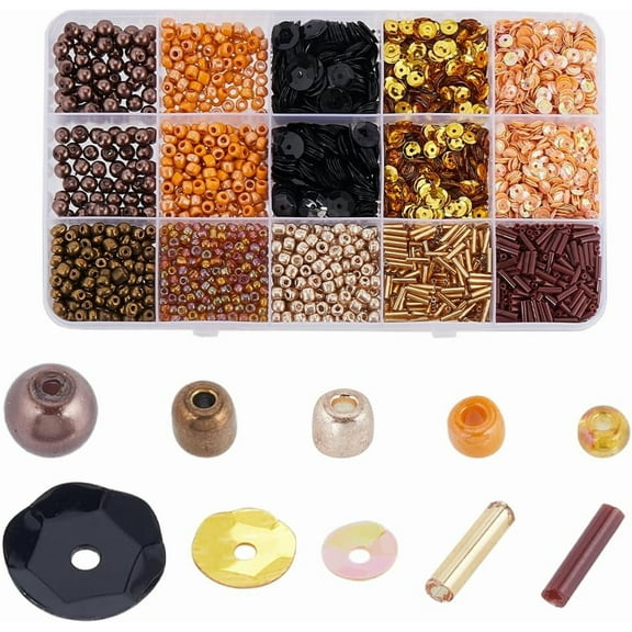 Sequins and Beads Kit Glass Seed Beads Glass Bugle Beads Disc Plastic Paillette Bead Brown Glass Pearl Bead Loose Spacer Beads