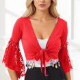 thumbnail image 2 of GJSYRH Womens 3/4 Sleeve Shrug Sheer Mesh Cardigans Tie Front Cropped Lightweight Bolero Shawl Top for Casual Going Out Red S, 2 of 6