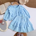 thumbnail image 6 of LIIPEE Girls Outfit Sets Casual Solid Color Ruffle Trim Puff Long Sleeve Crew Neck Button Down Shirt Pleated Skirt 2 Piece Set Children Kids Comfortable Breathable Cute Clothing,Blue,9-10 Years, 6 of 9