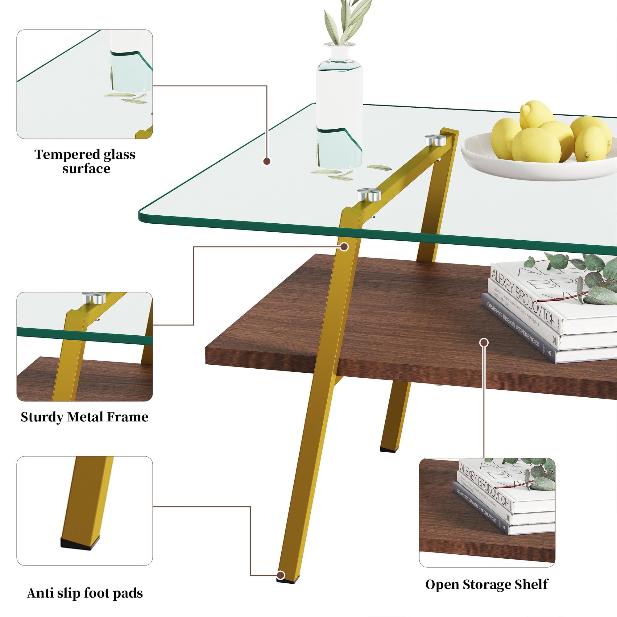 Miniyam Modern Glass Coffee Table for Living Room with Tempered Glass Top, MDF Storage Shelf and Metal Legs, Clear&Gold