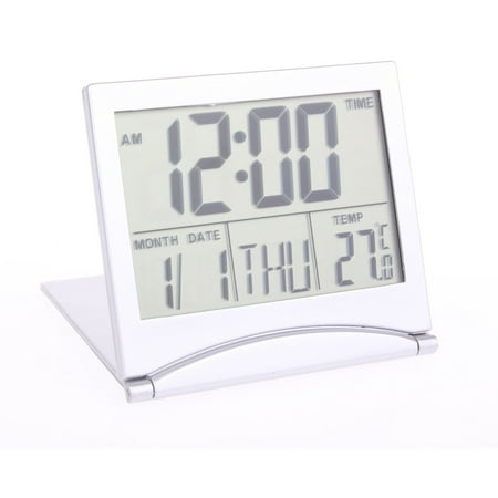 TSV Large Digital LCD Folding Timer, Travel Alarm Clock with Thermometer Calendar Silver (Best Travel Alarm Clock)