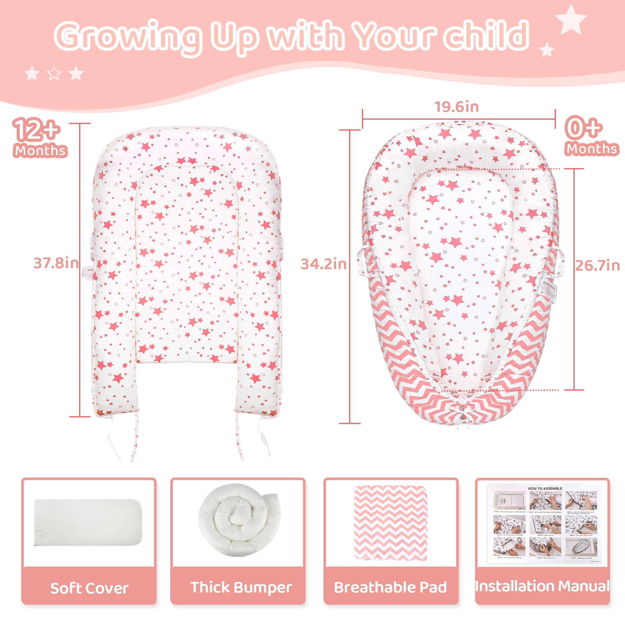 TAYYEE Baby Playmat – Portable Infant Lounger with Soft Pink Mat, for Newborns & Toddlers 0-24 Months