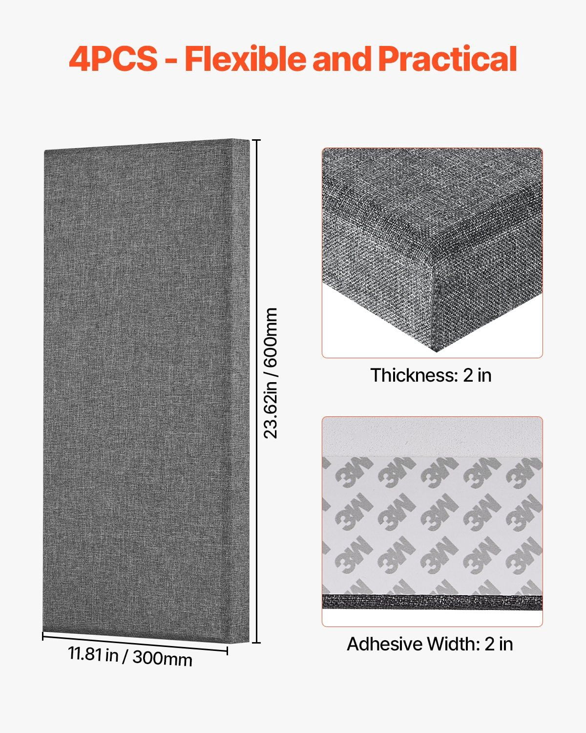 4 PCS 2 Inch Thick 23.6 x 11.8 Inch Gray Fiberglass Acoustic Sound Absorbing Panels Self Adhesive Soundproof Wall Boards for Studio Office Home Theater Meeting Room