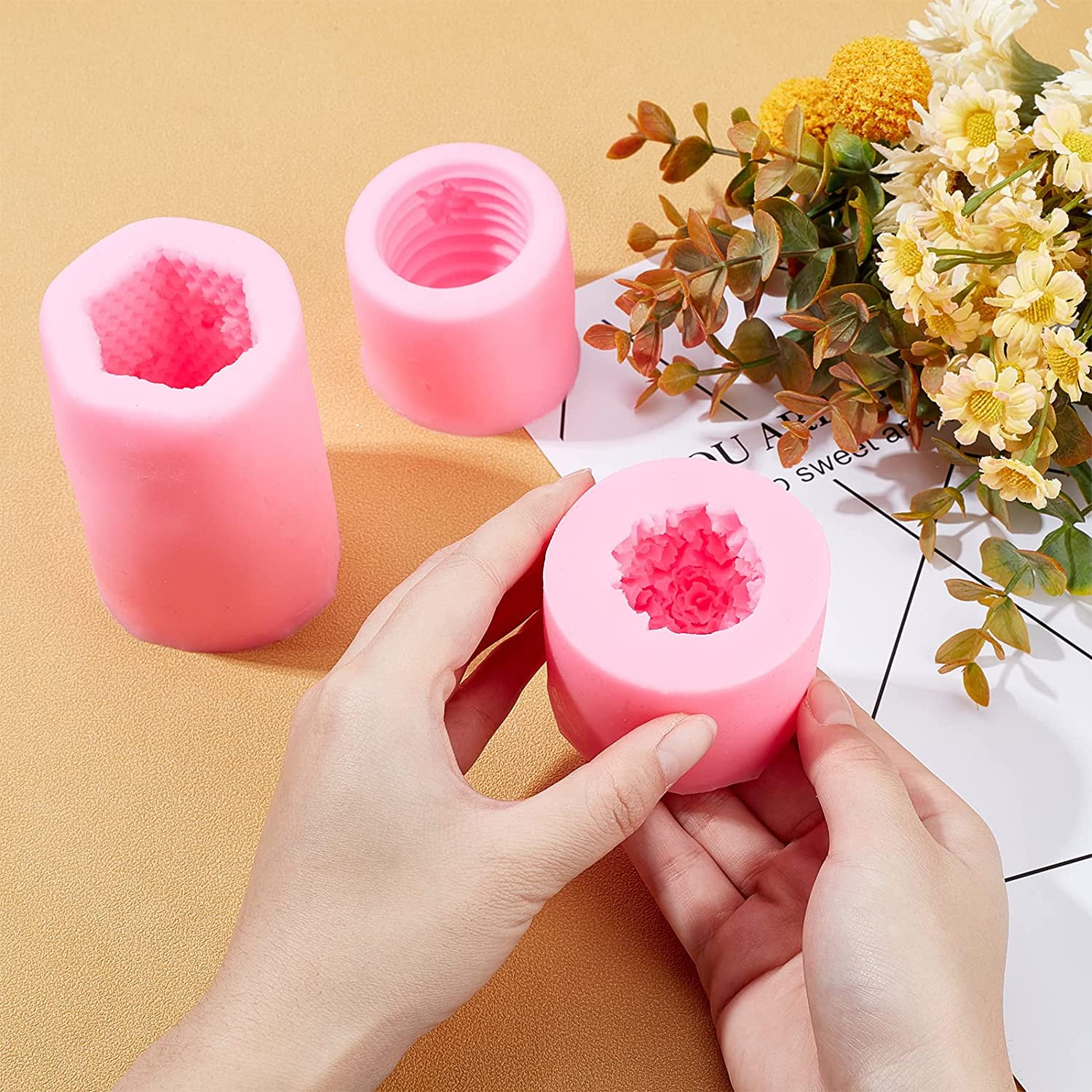 3 Pack 3D Bee Honeycomb Silicone Candle Molds with 50pcs Candle Wicks and Metal Holder for Homemade Beeswax Candle Making Supplies Soaps Lotion Bars Fondant Cake Decorating Clay Hot Pink