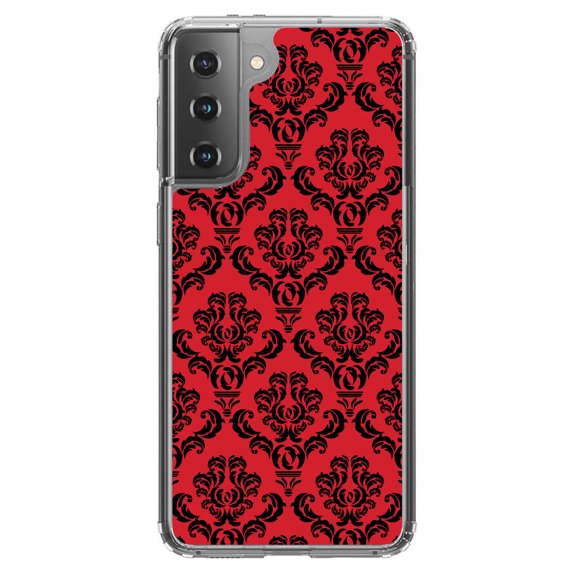 DistinctInk Clear Shockproof Hybrid Case for Galaxy S21  PLUS 5G (6.7" Screen) - TPU Bumper, Acrylic Back, Tempered Glass Screen Protector - Red Black Damask Pattern - Floral Damask Pattern