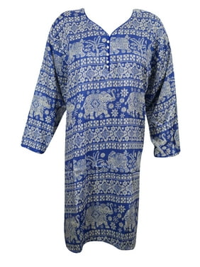 Mogul Women's Long Tunic Blue Printed Rayon Ethnic Indian Hippie Chic Kurti Dress