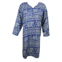 Mogul Women's Long Tunic Blue Printed Rayon Ethnic Indian Hippie Chic Kurti Dress
