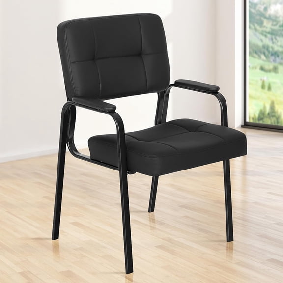 Waiting Room Chairs, No Wheels Leather Office Guest Chairs Stationary Office Reception Guest Chair with Padded Arms, Meeting Conference Waiting Room Lobby Table Side Home Salon Chair, Black