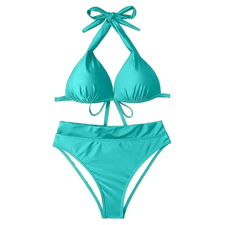 

Womens High Waist Swimsuits with Boy Shorts Brazilian Triangle Top Stripes Halter Bikini Two Piece Bathing