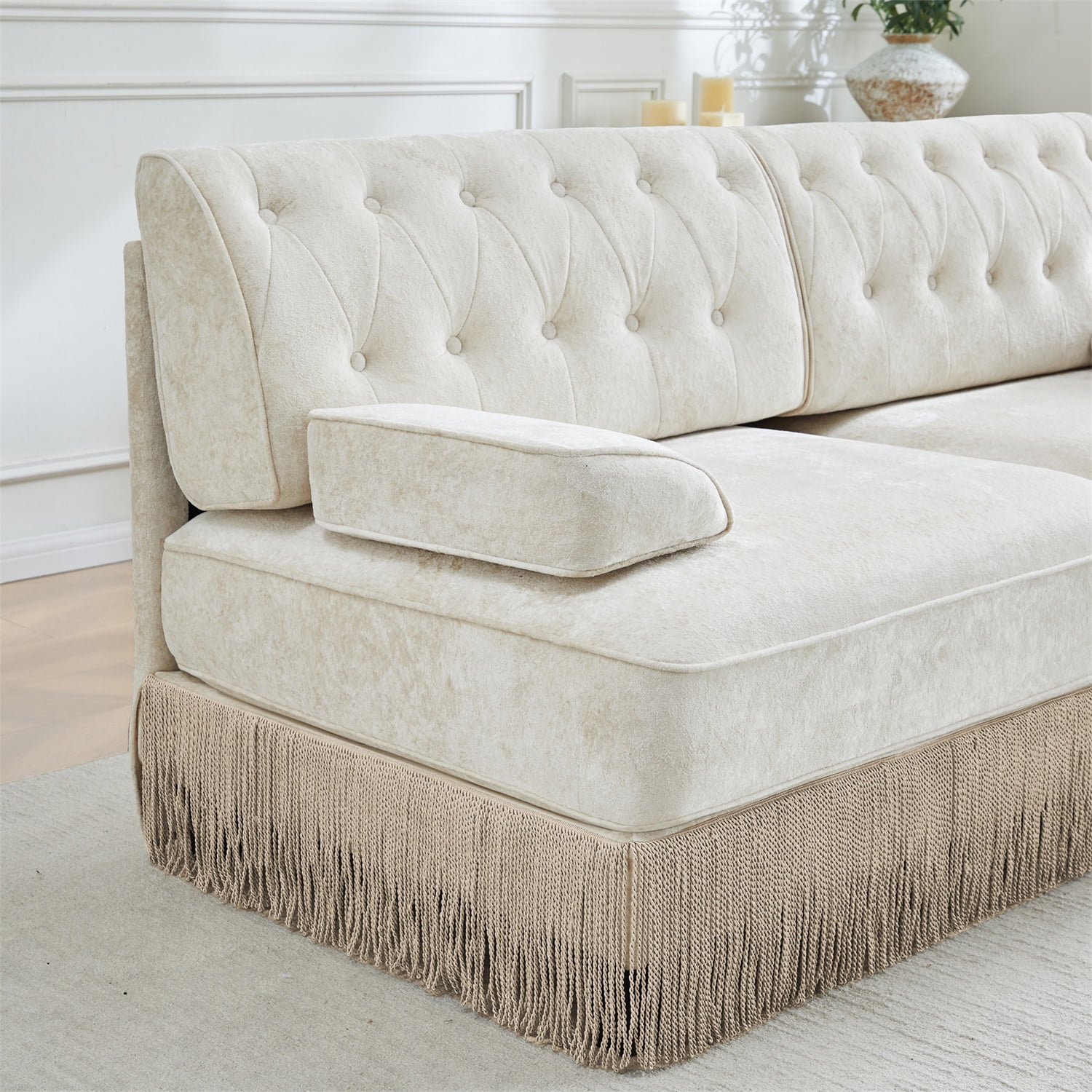 Hommoo Comfort Velvet Fabric Sofa with Left Arm, Button Tufted Design & Floor-grazing Tassel, Beige