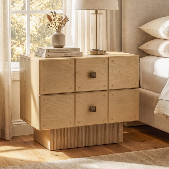 Christopher Knight Home Mid-Century Wood Nightstand with 2 Drawers, Fluted Pedestal, Natural