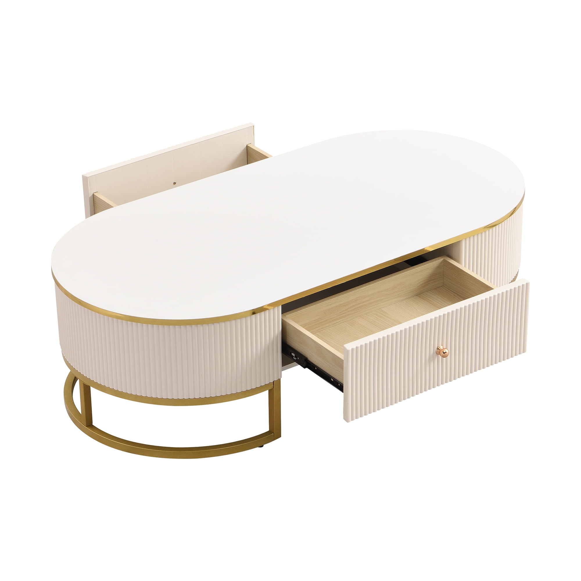 Euroco Modern Oval Coffee Table with Drawers,Curved Profile Design, Gold Metal Decor, Center Table for Living Room in 47.2"