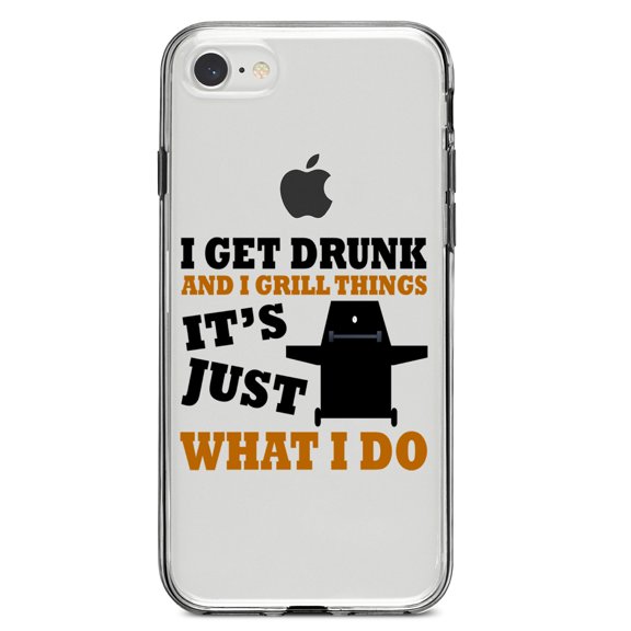 DistinctInk Clear Shockproof Hybrid Case for iPhone 7 8 SE (2020 Model) 4.7" Screen TPU Bumper Acrylic Back Tempered Glass Screen Protector - I Get Drunk & Grill Things