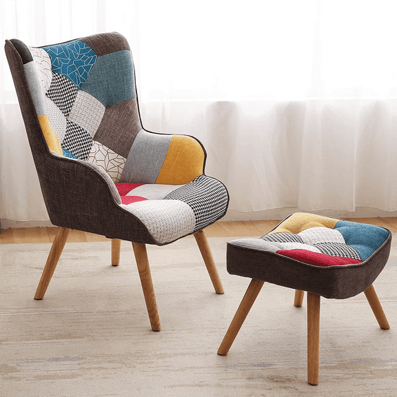 Chair and Ottoman Set, KGOPK Accent Arm Chair with Footrest for Living Room, Upholstered Fabric Side Chair, Creative Splicing Cloth Surface， Colorful