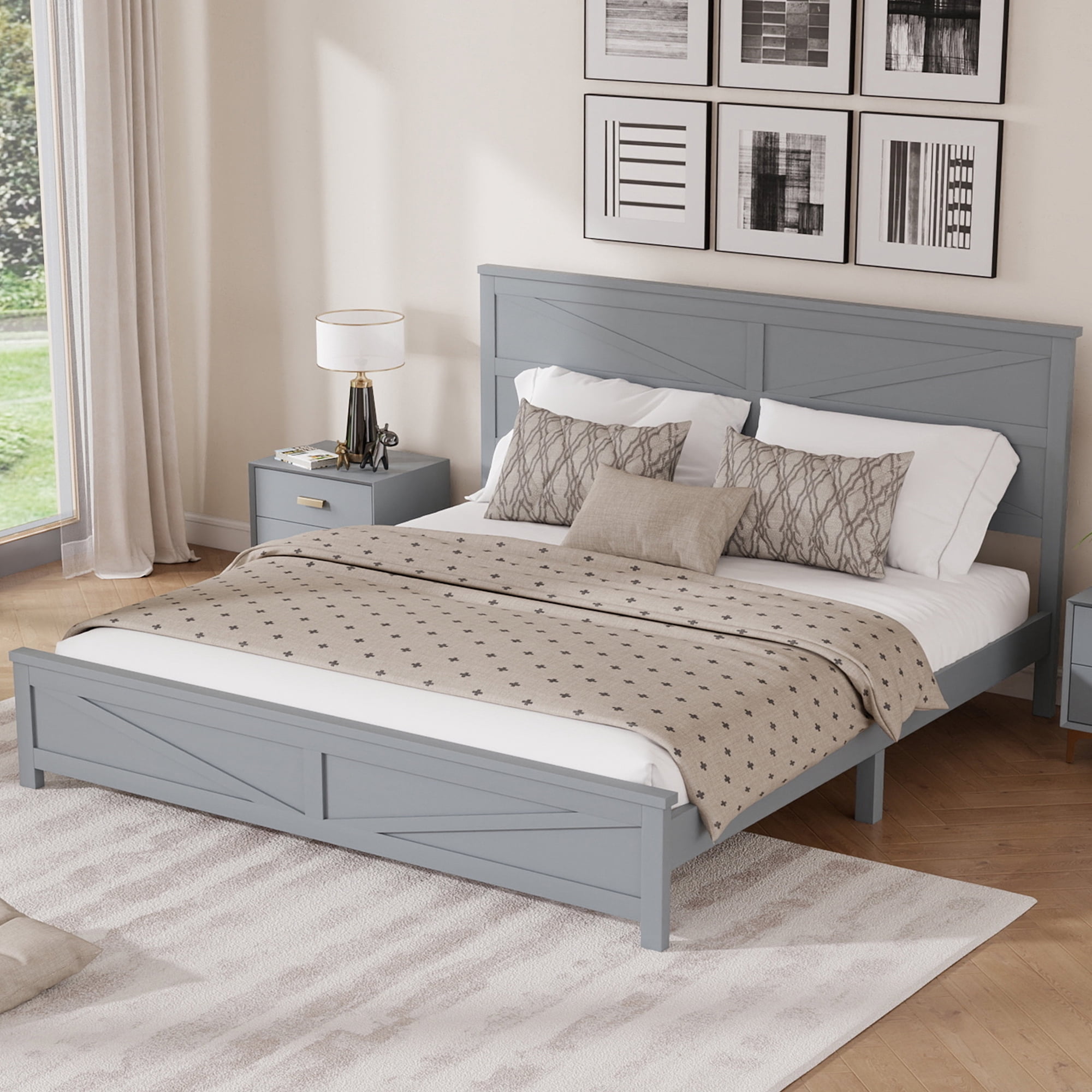 Mintazer Farmhouse King Size Platform Bed with Under-Bed Storage, Platform Bed Frame with Headboard & Footboard for Bedroom, Grey