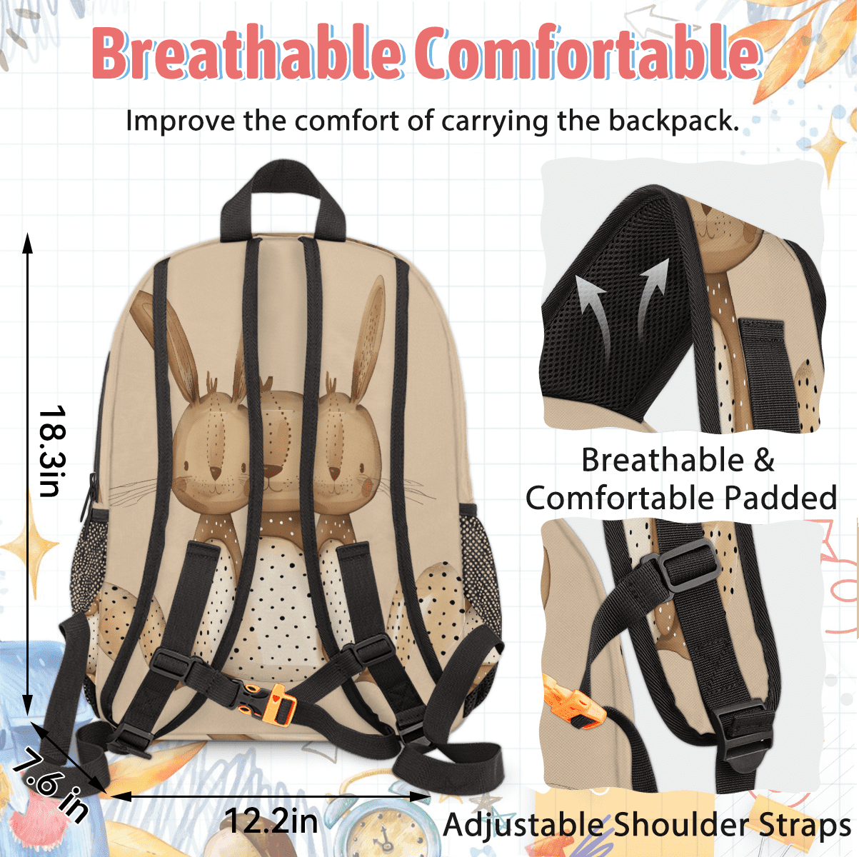 Herdesigns Cute Bunny Large Backpack Set with Lunch Box Lightweight Water Resistant Travel Laptop Backpacks Casual Daypacks for Women Men