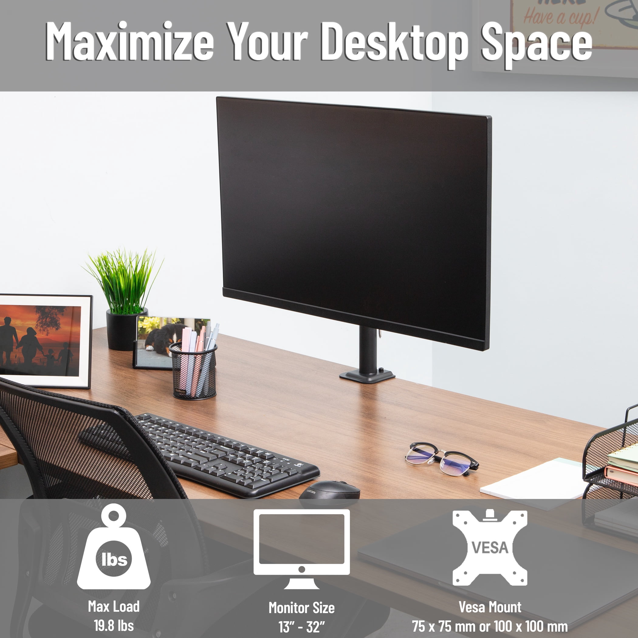 Mind Reader Single Monitor Desk Mount Adjustable Tilt ±45°, Swivel ±90°, Rotate 180°, VESA 75x75/100x100, Holds up to 17.6 lbs, Black