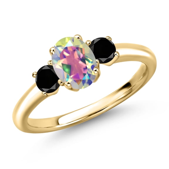 Gem Stone King 10K Yellow Gold Mercury Mist Mystic Topaz and Black Diamond Engagement Ring for Women | 1.34 Cttw | Oval 7X5MM | Gemstone November Birthstone | Size 7