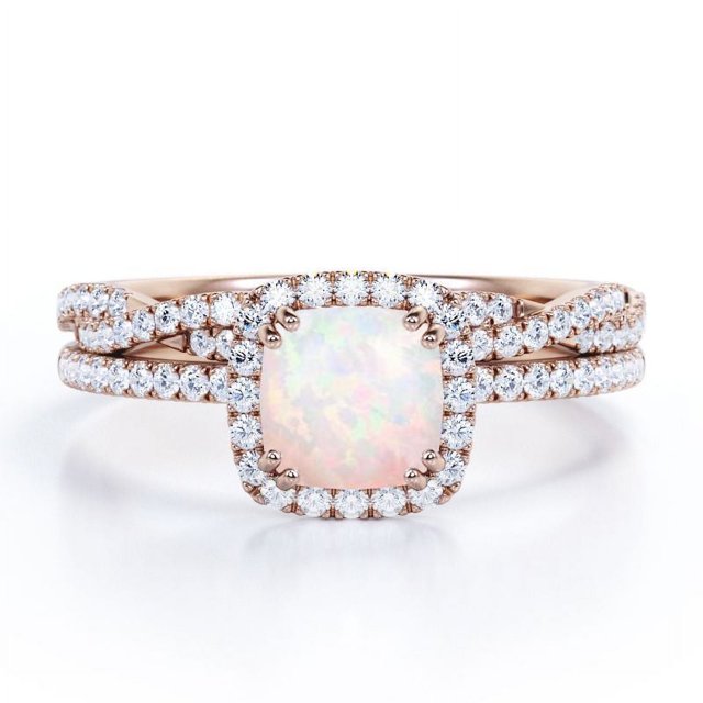 JeenMata Juego de Anillos de Boda con Halo Ópalo Arcoíris de Talla Cojín de 1,5 Quilates y Moissanita: Juego de Anillos de Boda con Infinito Trenzado Pavé: Baño de Oro Rosa de 18 K sobre Plata