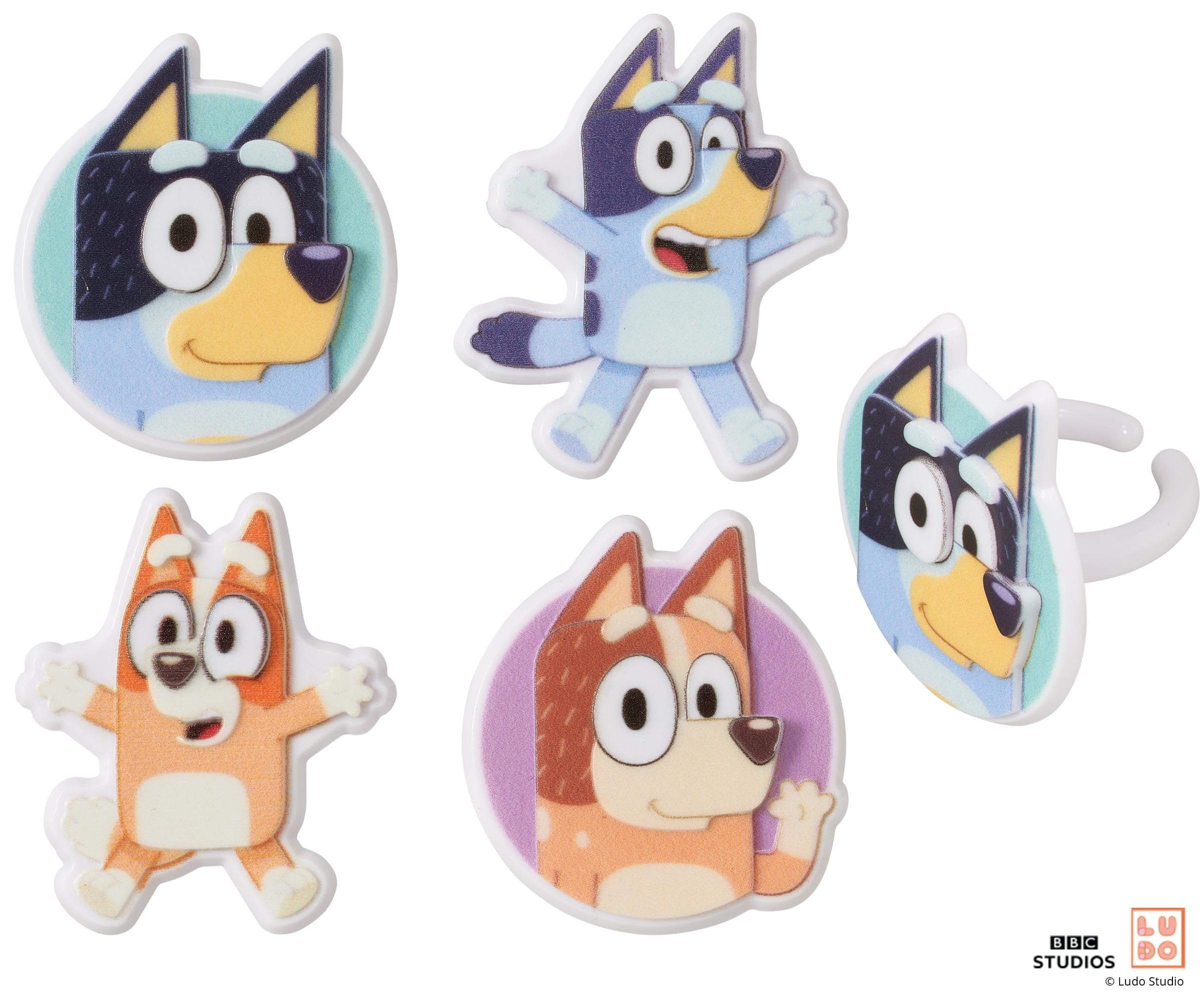 DecoPac Bluey So Much Fun Rings, 24 Cupcake Decorations Featuring Bluey, Bingo, Bandit, and Chilli, 3D Food Safe Cake Toppers  24 Pack