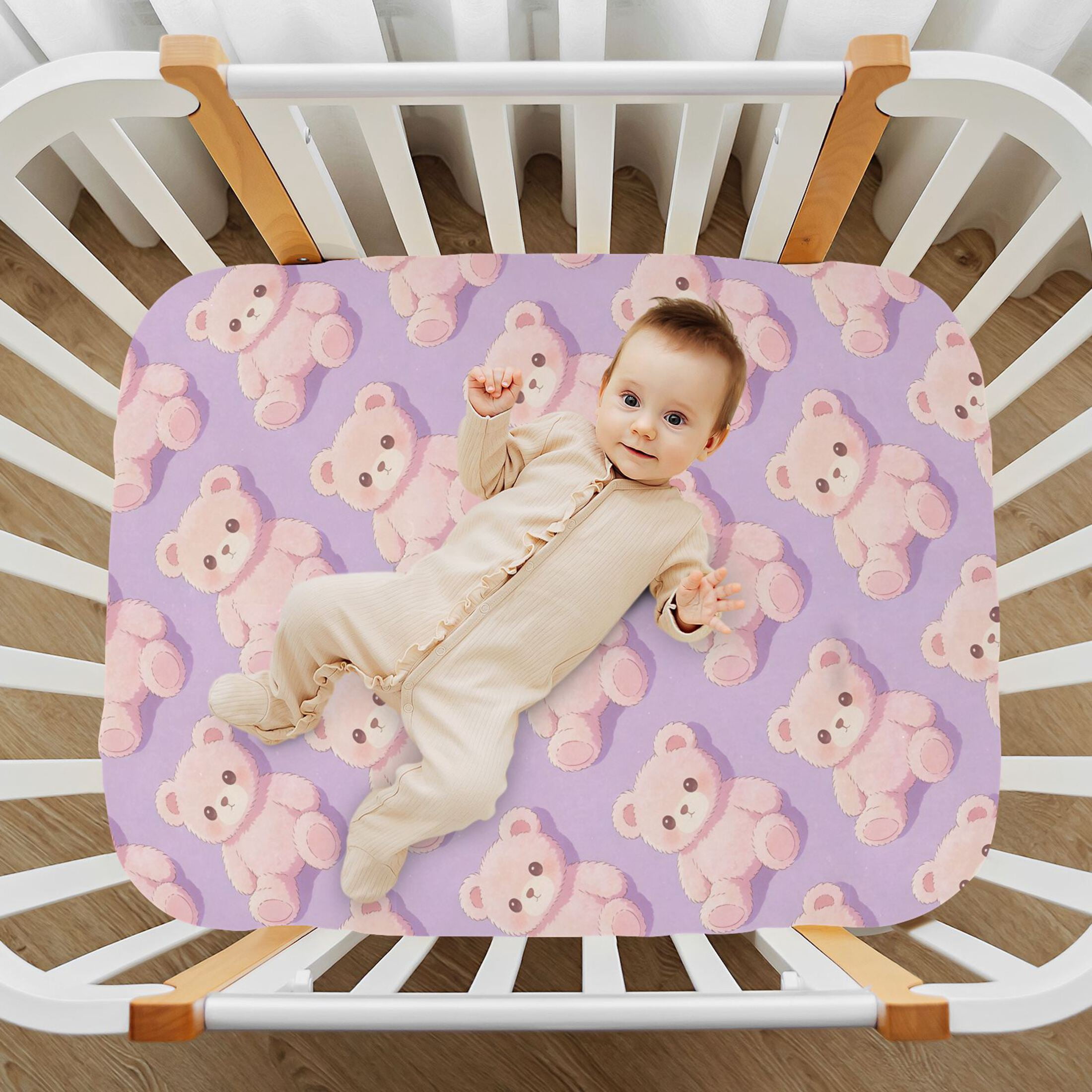 Baby Essentials 52”x 28”- Standard Cotton-like Modal Elastic- Purple Bear Design Crib Sheets for Newborns and Toddlers