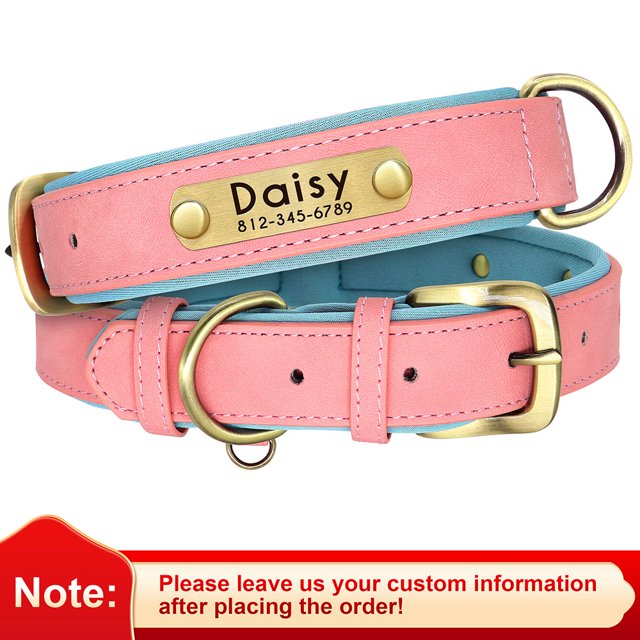 Collar de perro con placa de identificación de cuero PU personalizado, collares para perros acolchados suaves, nombre grabado gratis para perros pequeños, medianos y grandes, ajustable