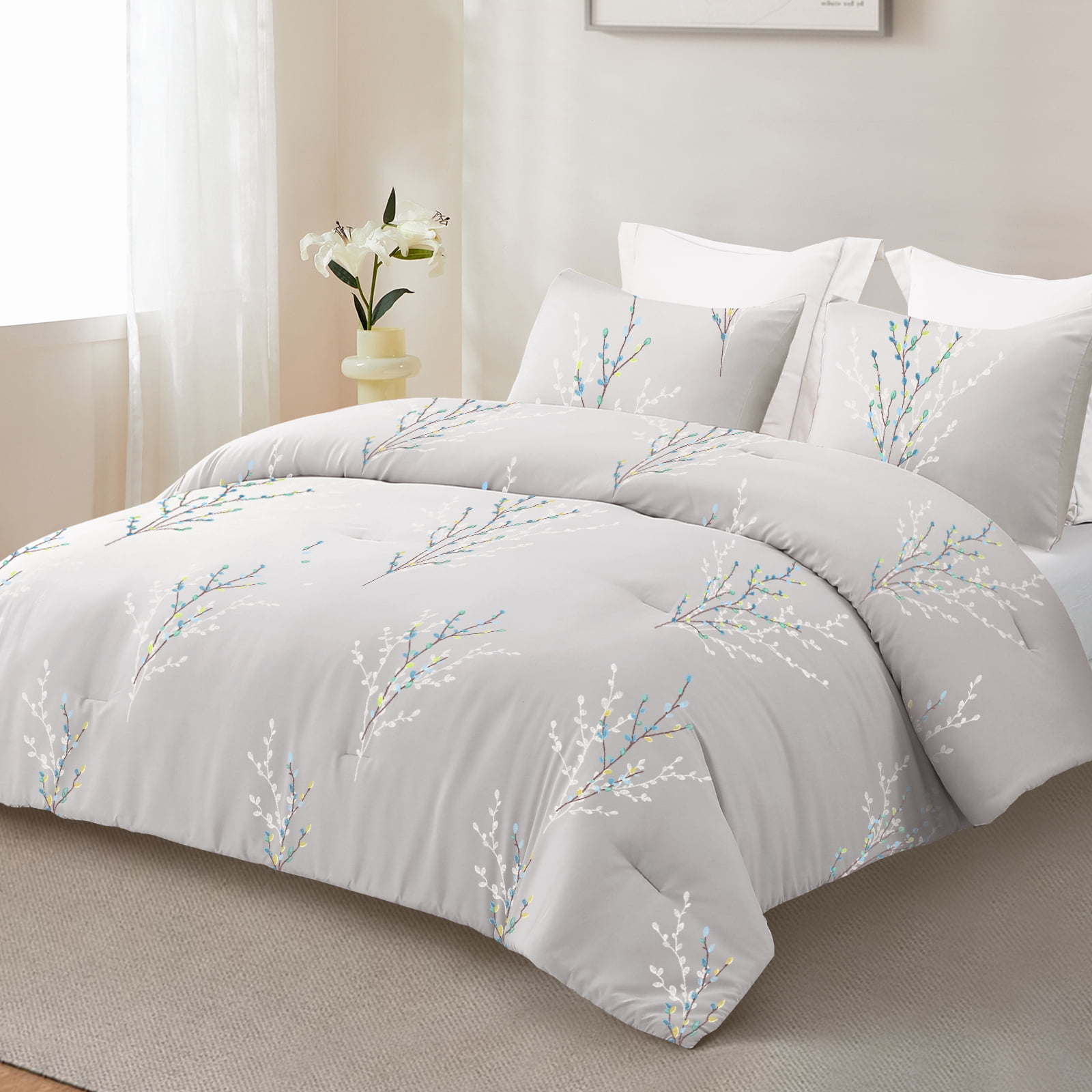 Exclusivo Mezcla 3-Piece Floral Queen Comforter Set, Microfiber Bedding Down Alternative Comforter for All Seasons with 2 Pillow Shams, Grey