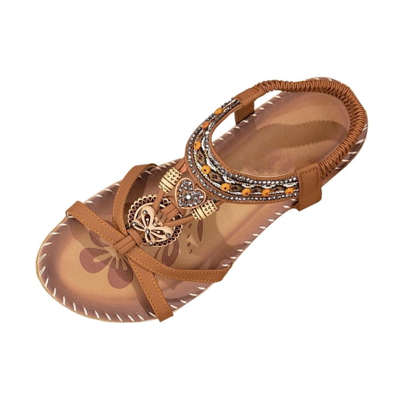 Zynoxe Womens Sandals Breathable Open Toe Vacation Beach Sandals Comfortable Elastic Strap Shoes for Women Summer Fashion Bohemian Flats Shoes Wedding Footwear 5.5