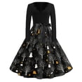 thumbnail image 2 of Halloween Dresses for Women Pumpkin Witch Hat Long Sleeve Cocktail 1950s Funny Tea Length Dress V Neck Hepburn Classic Retro Dress with Belt S, 2 of 5