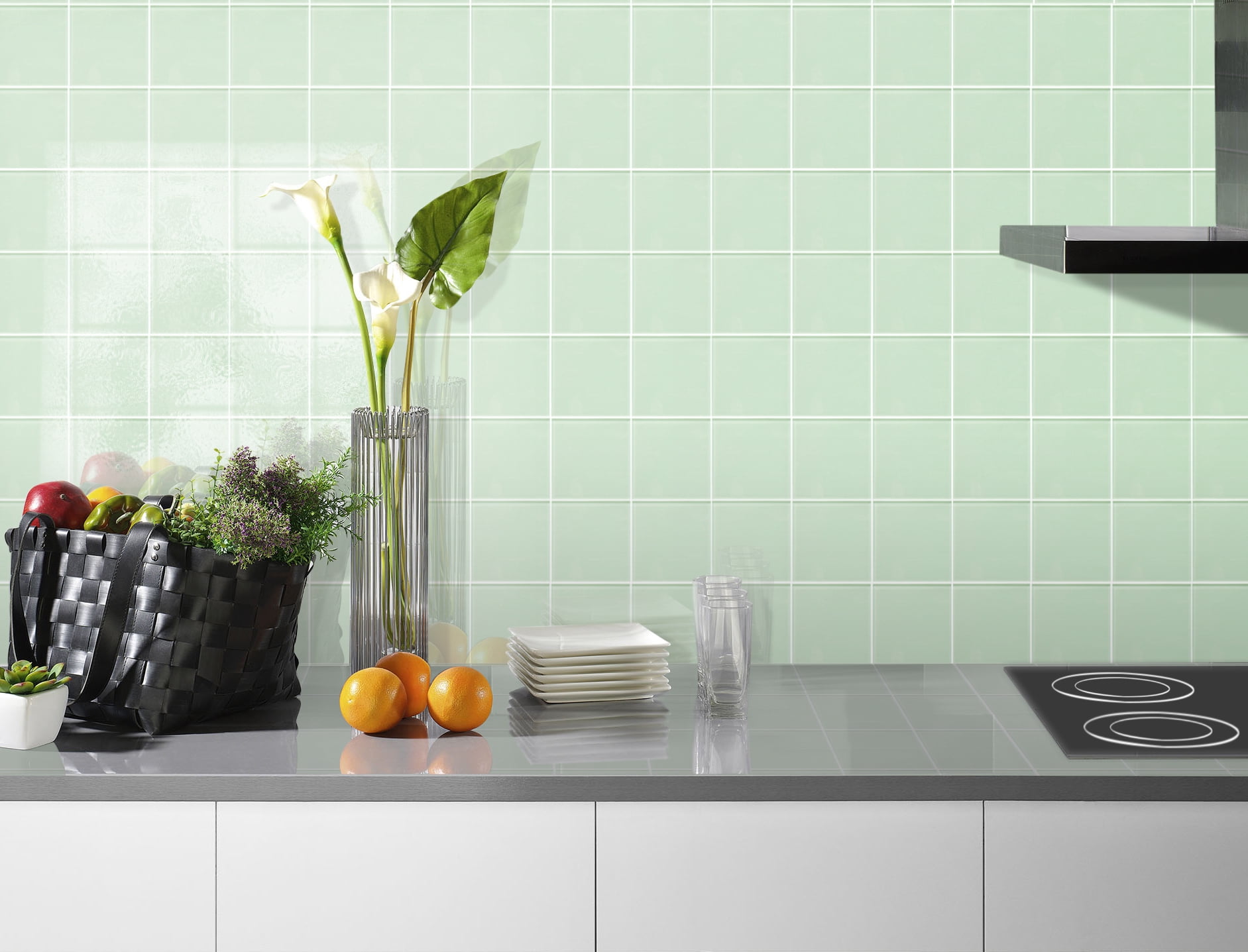 Peel And Stick Glass Tile, 12'' X 12'' Square Mosaic Glass Backsplash Stick On Wall Tiles for Kitchen Bathroom (5 Sheets, Green)