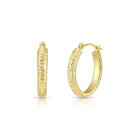 Tilo Jewelry 14K Yellow Gold Oval Diamond-Cut Engraved Hoop Earrings 18mm | X-Pattern Design | Women & Unisex