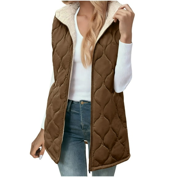 RYRJJ Long Puffer Vest Women Fleece Sherpa Jacket Sleeveless Hooded Zip Up Winter Coat Fall Winter Warm Vests Outerwear with Pockets(Brown,L)