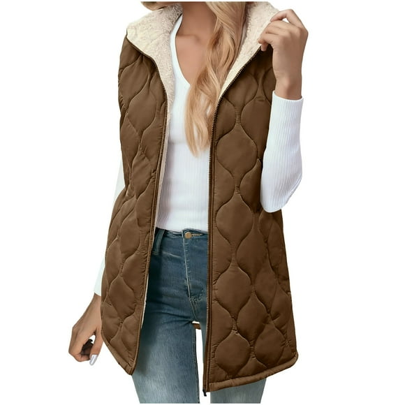 Womens Puffer Jacket Reversible Vests Long Puffer Vest Fall Zip Up Reversible Fleece Jacket Sleeveless Fleece Jacket Hoodie Pockets Long Warm Winter Coat Outerwear Trendy 2025 Fall Winter