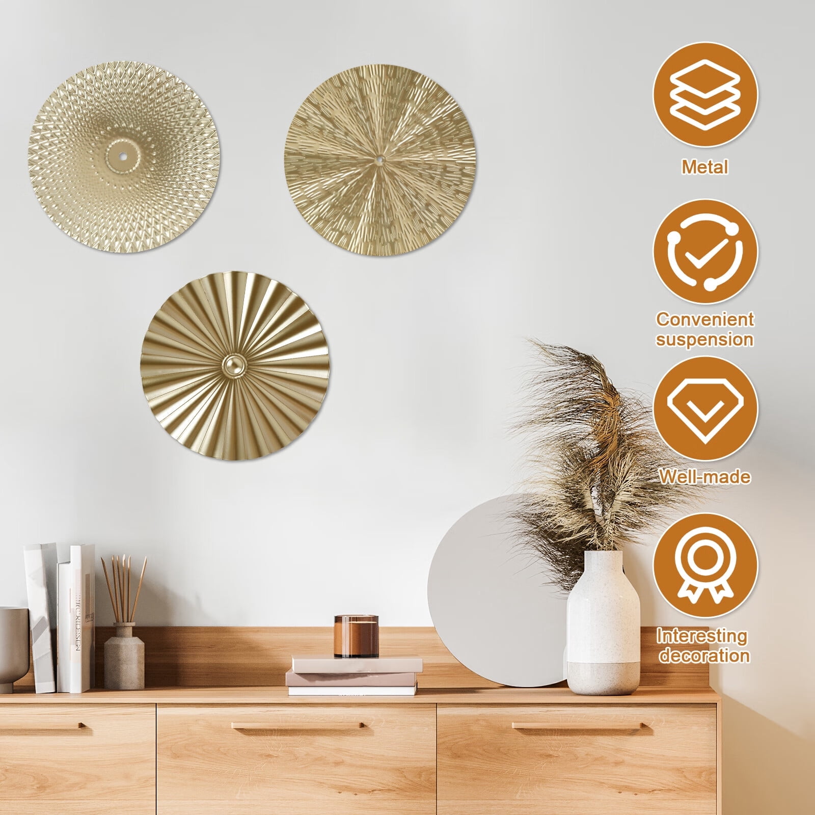 EUWBSSR 3Pcs Metal Plate Wall Decor Gold Disc Wall Art Modern Style Abstract Wall Decorations Gold Wall Art Hanging Sculptures for Living Room Bedroom