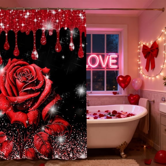 Eespoir February 14 Festive Shower Curtain, Valentine's Day Bathroom Decor, Heart Rose Print Polyester Waterproof Curtain for Holiday Decor, Romantic Atmosphere Setup(B)