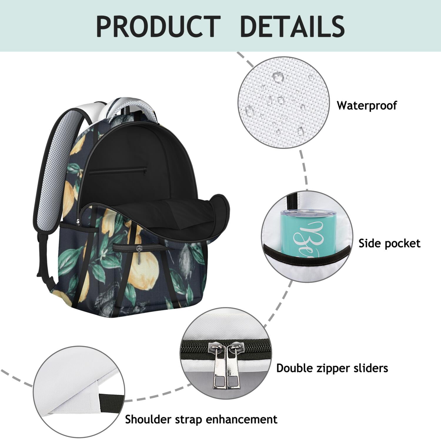 Retro Lemon Print School Backpack - Waterproof & Ergonomic Student Backpack, Durable & Lightweight with Spacious Compartments for Daily Use