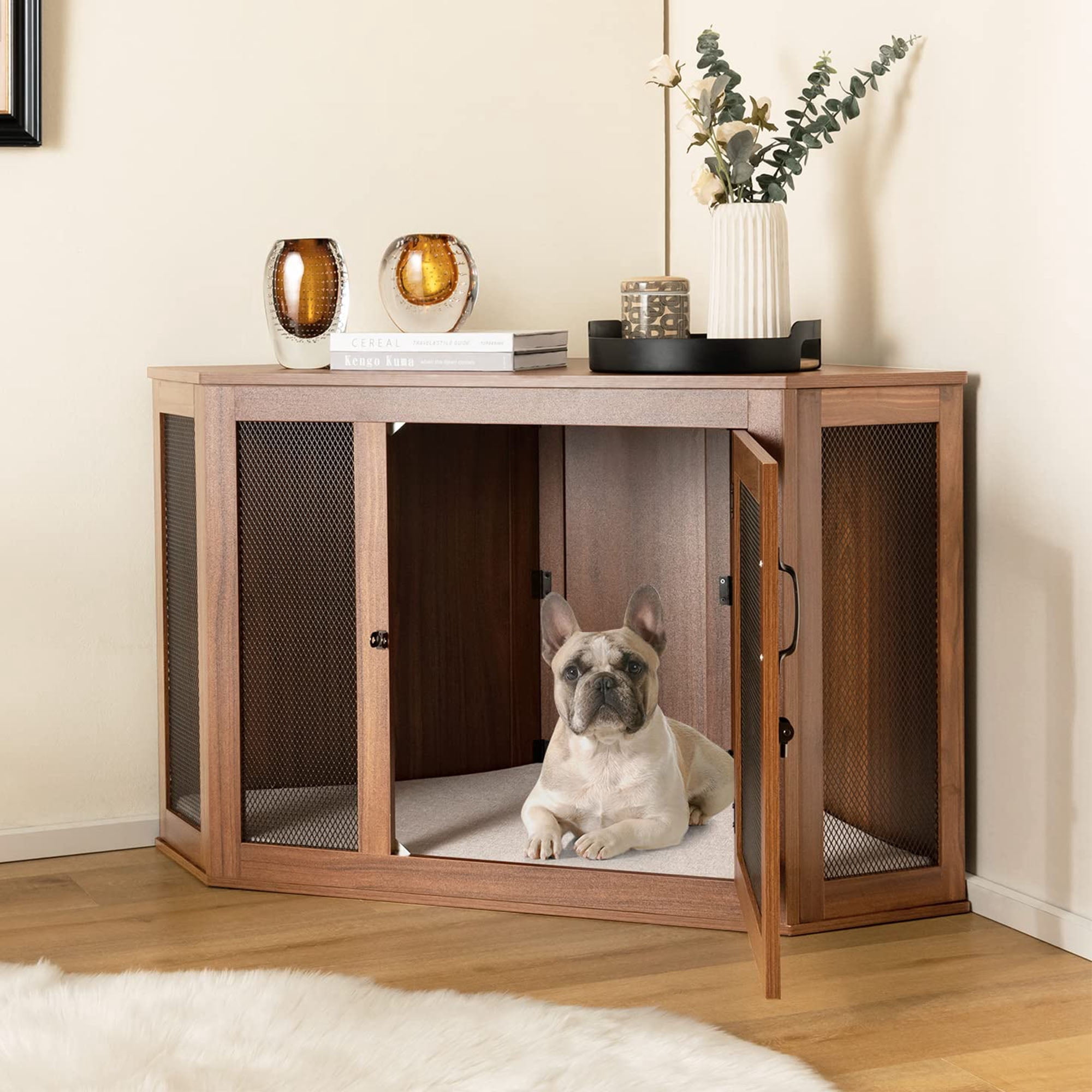 resenkos 45" Wood Dog Crate Furniture with Door Lock and Cushion, Indoor Decorative Iron Fence Dog Cage for Small Dogs, Brown