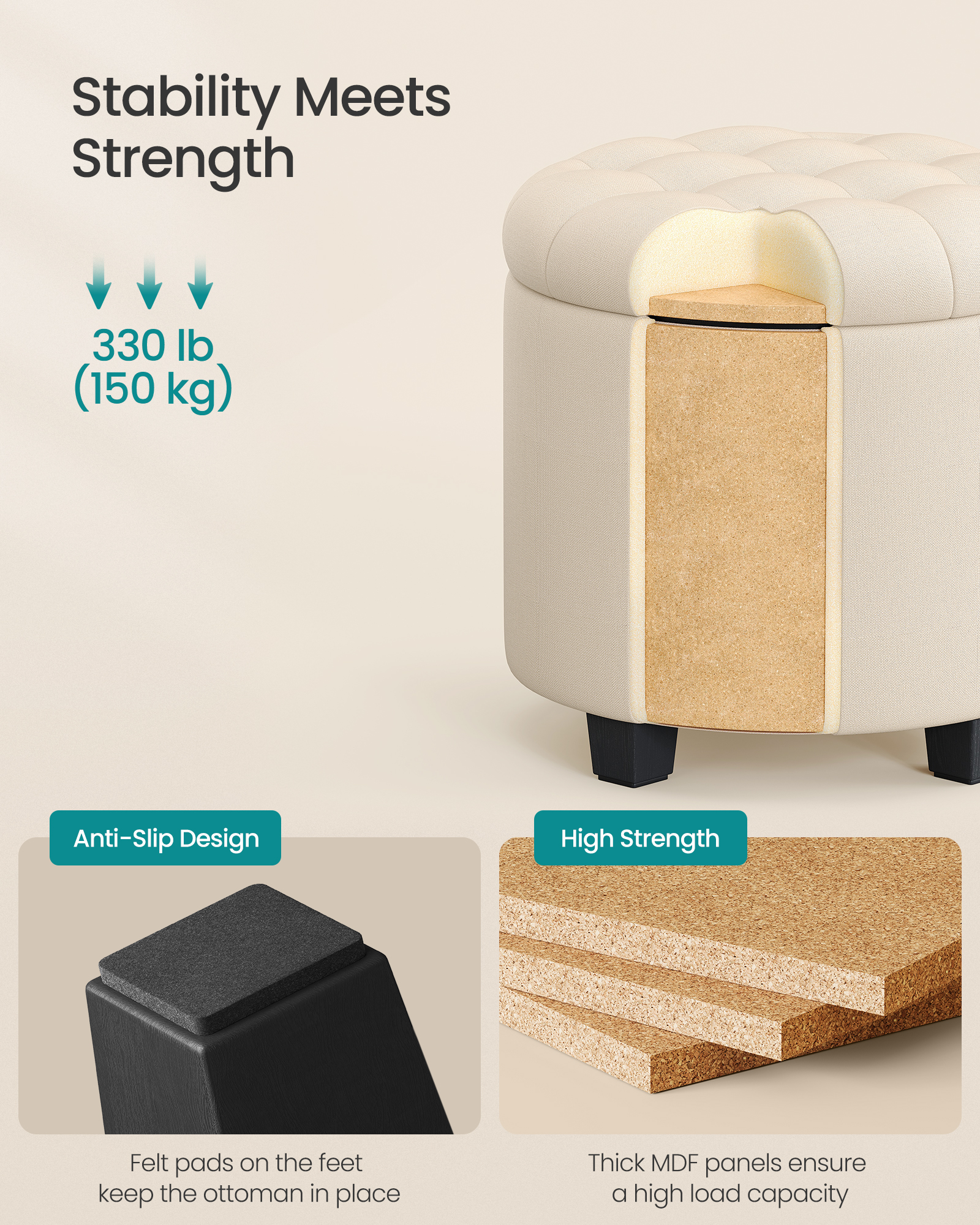 Round Storage Ottoman - 17.7" Foot Rest with Hidden Compartment, 330lb Capacity, Linen-Look Upholstery, Versatile for Living Room & Bedroom, Light Beige