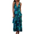 thumbnail image 2 of Women's Tiered Dresses Flowy V Neck Sleeveless Dresses with Ruffle Hem Summer Floral Print Maxi Sundress Formal Wedding Guest Green S, 2 of 5