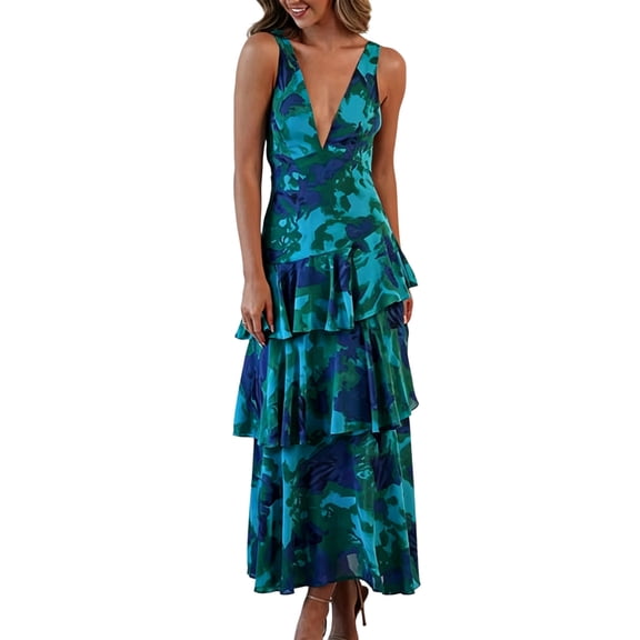 Ovbmpzd Tiered Womens Summer Dresses A-Line Maxi Elegant Green Dresses V-Neck Sleeveless Casual Dresses Womens Dresses,L