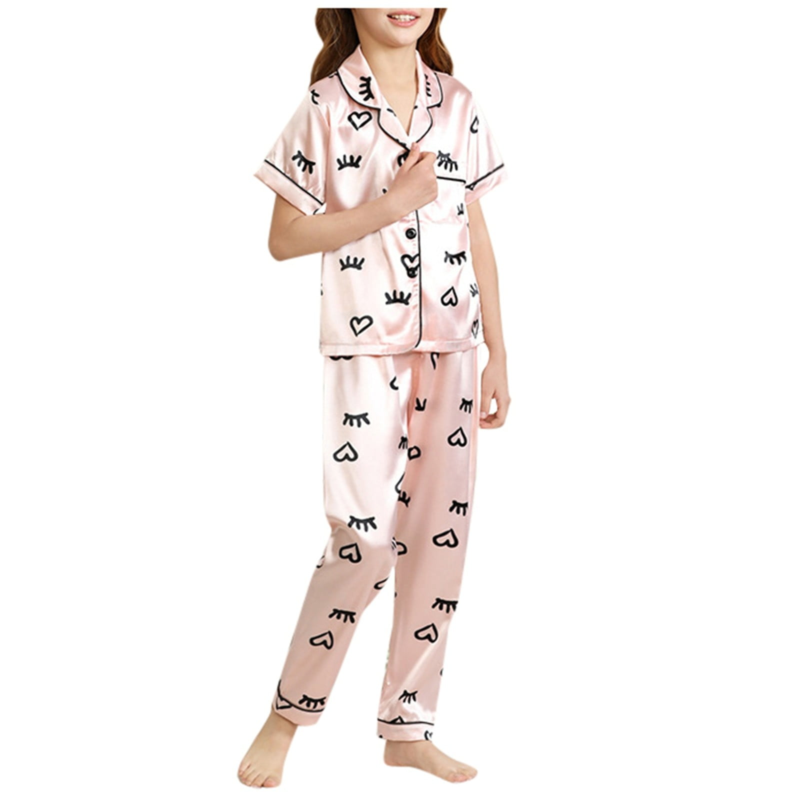 Yousnh Clothes Set Children s Pajamas Imitation Silk Color T Short Sleeve Pants Suit Lapel Cardigan Love Home Dress Girls Suit Girls Casual Set Pink 8